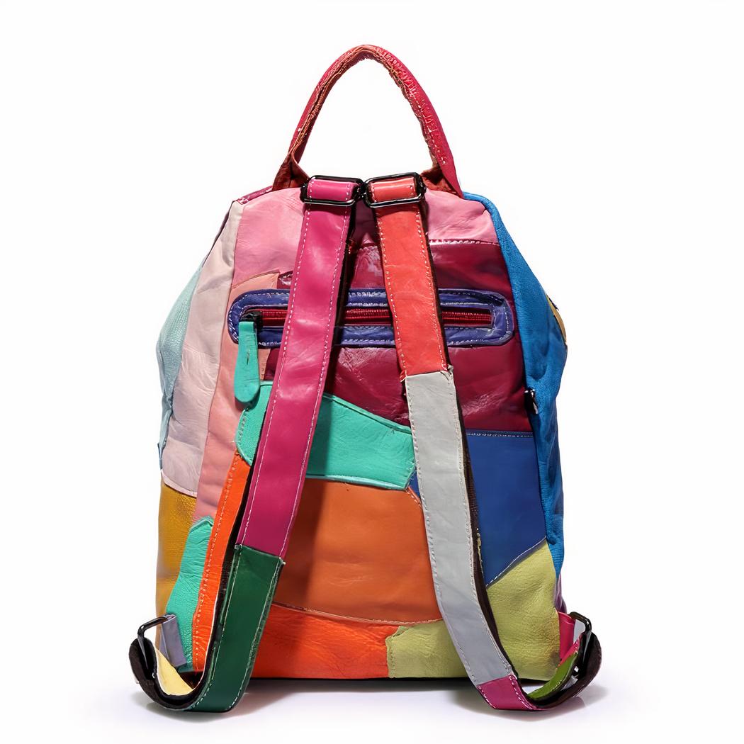 Mochila retro de cuero con parches de colores - Imagen 4