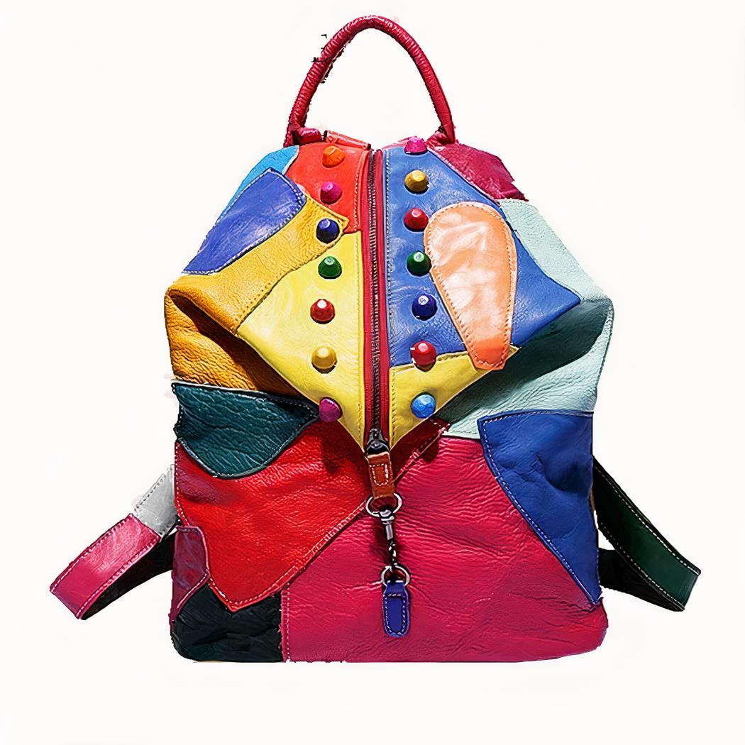 Mochila retro de cuero con parches de colores - Imagen 7