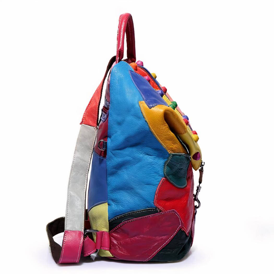 Mochila retro de cuero con parches de colores - Imagen 3