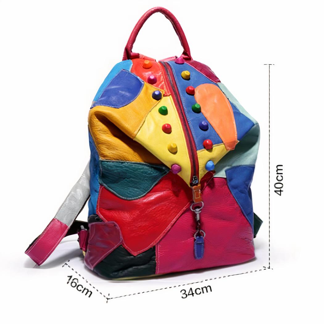 Mochila retro de cuero con parches de colores - Imagen 2
