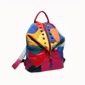 Mochila retro de cuero con parches de colores
