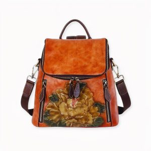 Mochila de cuero para mujer con motivo floral