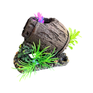 Barril con plantas. Decoración para acuario