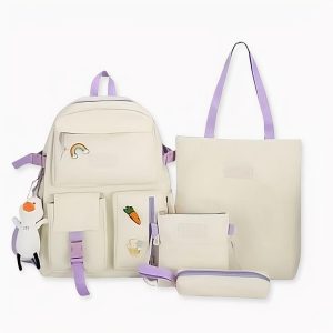 Mochila de 4 piezas con bonito estampado y colgante de pato