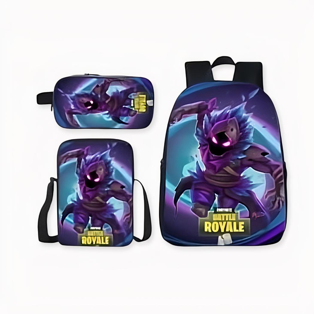 Mochila negra y morada de Fortnite con accesorios