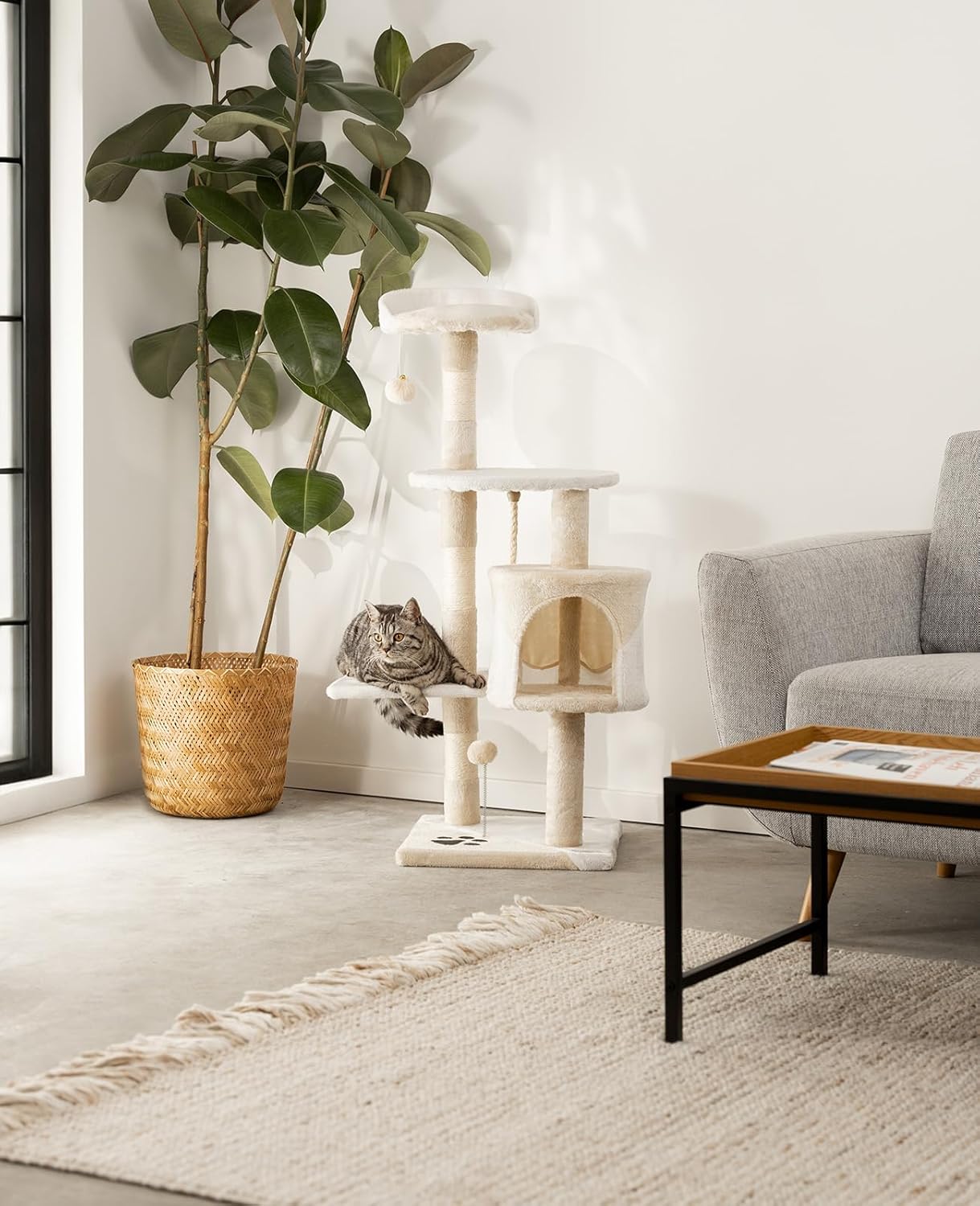 Árbol rascador lionto 112 cm para gatos, beige y blanco - Imagen 2