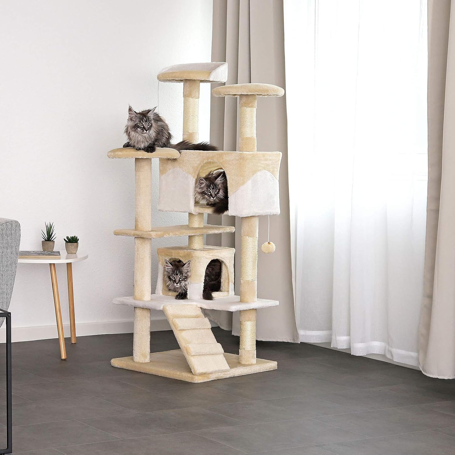 Árbol rascador lionto 130 cm para gatos, beige y blanco - Imagen 2