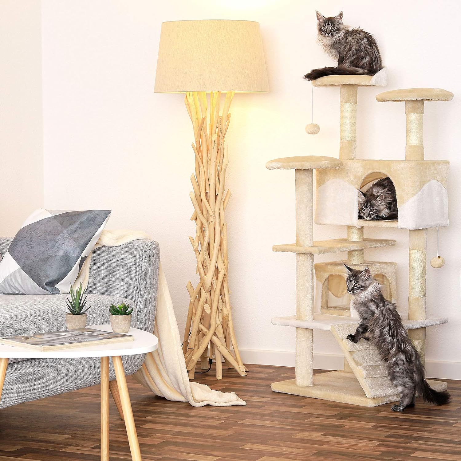 Árbol rascador lionto 130 cm para gatos, beige y blanco - Imagen 3