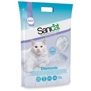 Arena absorbente Sanicat Diamonds de gel de sílice para gatos 15 l blanca