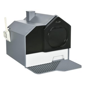 Arenero cubierto para gatos PawHut con bandeja extraíble y filtro gris