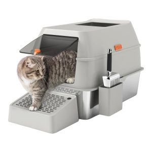 Arenero para gatos de acero inoxidable PawHut con pala y paso de salida