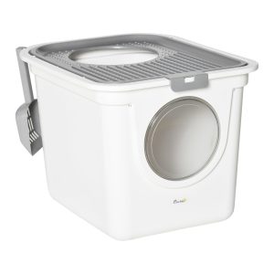 Arenero para gatos PawHut con pala, 2 puertas y salida superior blanco/gris