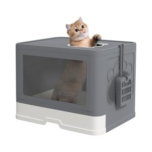 Arenero para gatos PawHut cubierto con caja, pala y doble entrada gris