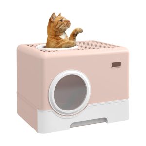 Arenero para gatos PawHut rosa con pala, bandeja extraíble y 2 puertas