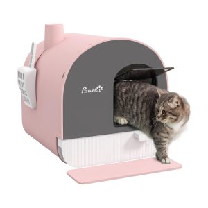 Caja de arena para gatos PawHut cerrada con puerta, bandeja y filtro rosa