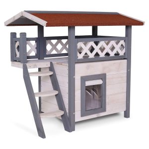 Casa de gatos de madera lionto con terraza, gris y blanco, 77x50x73 cm