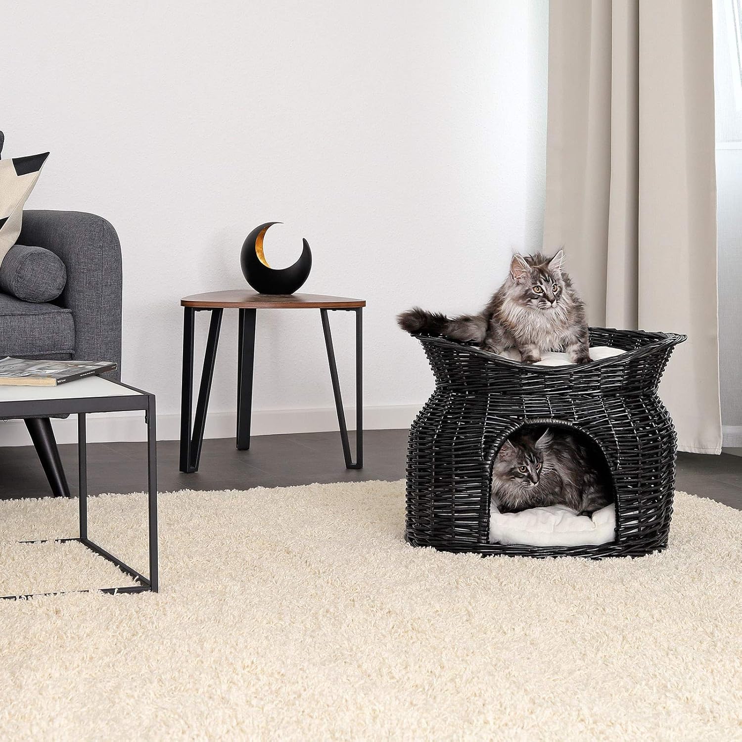 Cesta de mimbre para gatos lionto negra 55x39x43 cm con diseño tipo cueva - Imagen 4