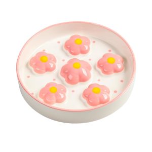 Comedero antivoracidad para gatos de cerámica diseño floral rosa 16×3 cm