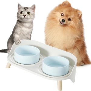 Comedero elevado de cerámica doble azul para perros y gatos 300 ml