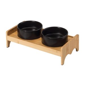 Comedero elevado para perros y gatos con soporte de bambú y cuencos cerámicos