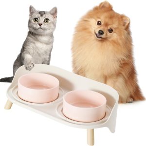 Comedero elevado para perros y gatos doble de cerámica rosa 300 ml