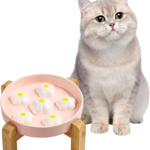 Comedero gato antivoracidad elevado con soporte de bambú antideslizante