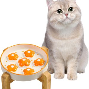 Comedero para gato antivoracidad elevado con soporte de bambú antideslizante