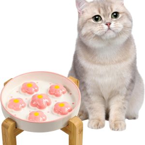 Comedero para gato antivoracidad elevado con soporte de bambú antideslizante