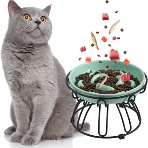 Comedero para gato antivoracidad elevado de cerámica con soporte metálico