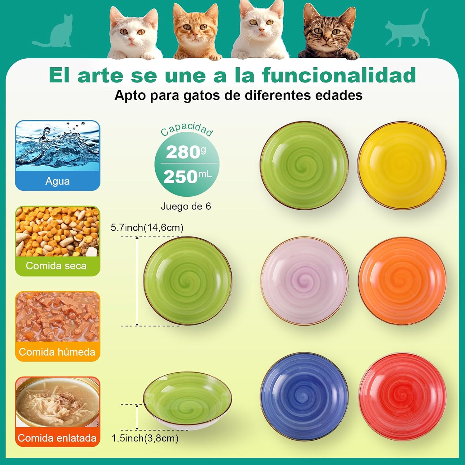 Comedero para gatos de cerámica con diseño en espiral, set de 6 colores - Imagen 2