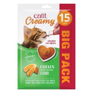 Comida húmeda catit creamy pollo y cordero para gatos, 15x10g