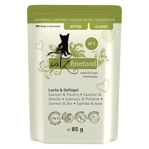 Comida húmeda para gatitos Catz Finefood Kitten No. 5, salmón y ave, 85 g