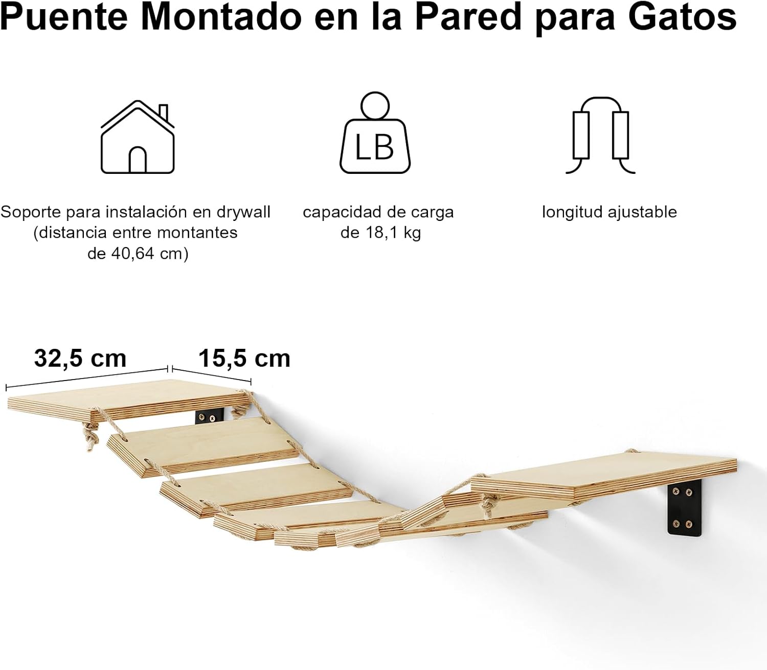 Puente para gatos FUKUMARU montado en pared, estante ancho y escalón - Imagen 2