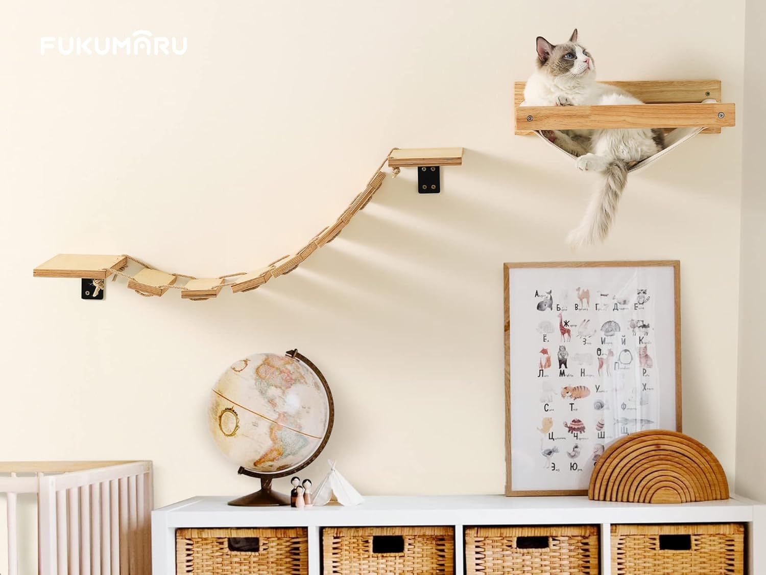 Puente para gatos FUKUMARU montado en pared, estante ancho y escalón - Imagen 7