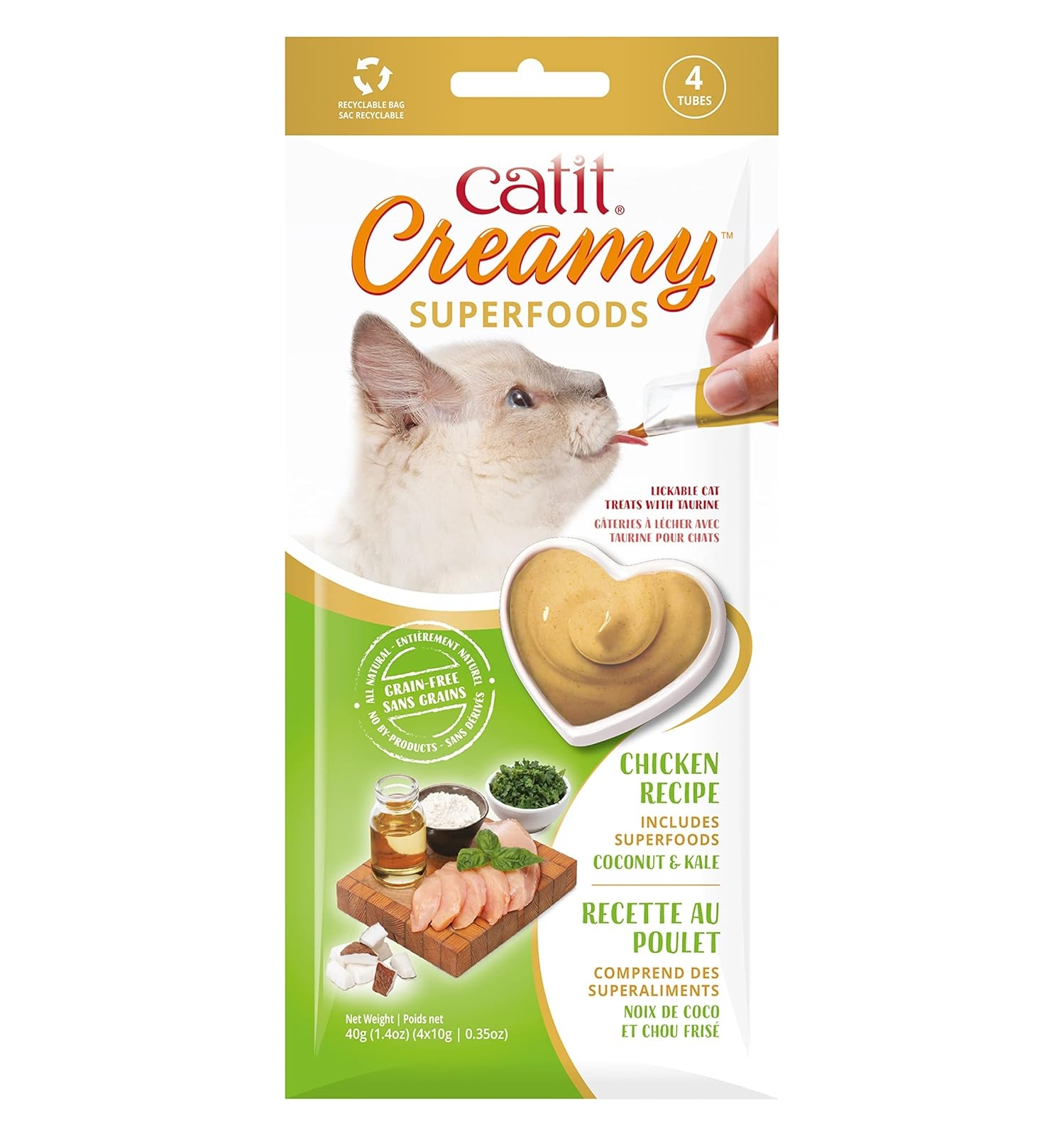 Snack húmedo para gato Catit Creamy superfood pollo, coco y col rizada 4x10g